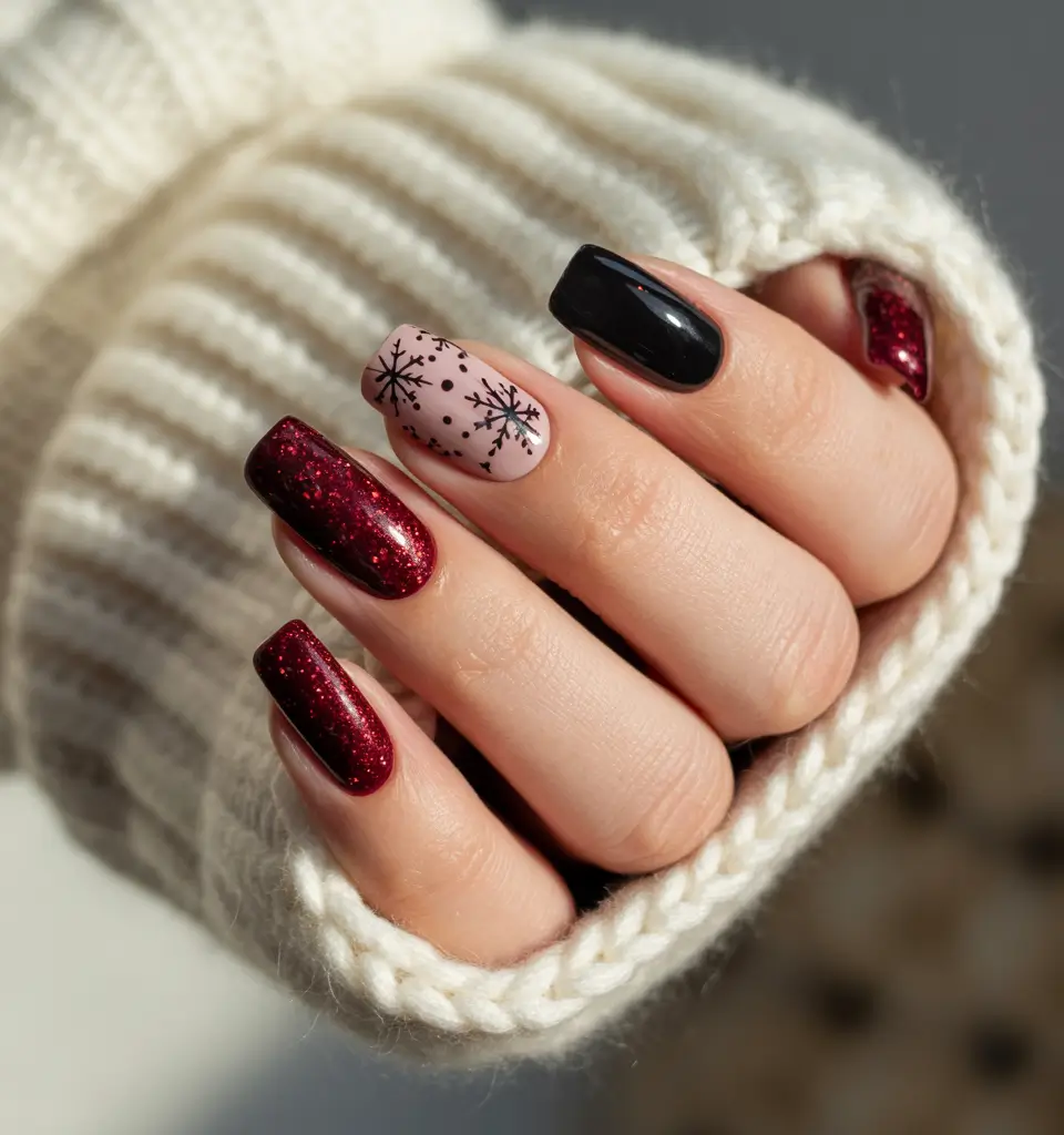simple nails 2026 Red Sparkle and Black Winter Contrast