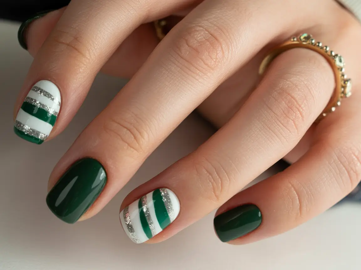 simple nails 2026 Green Striped Winter Chic