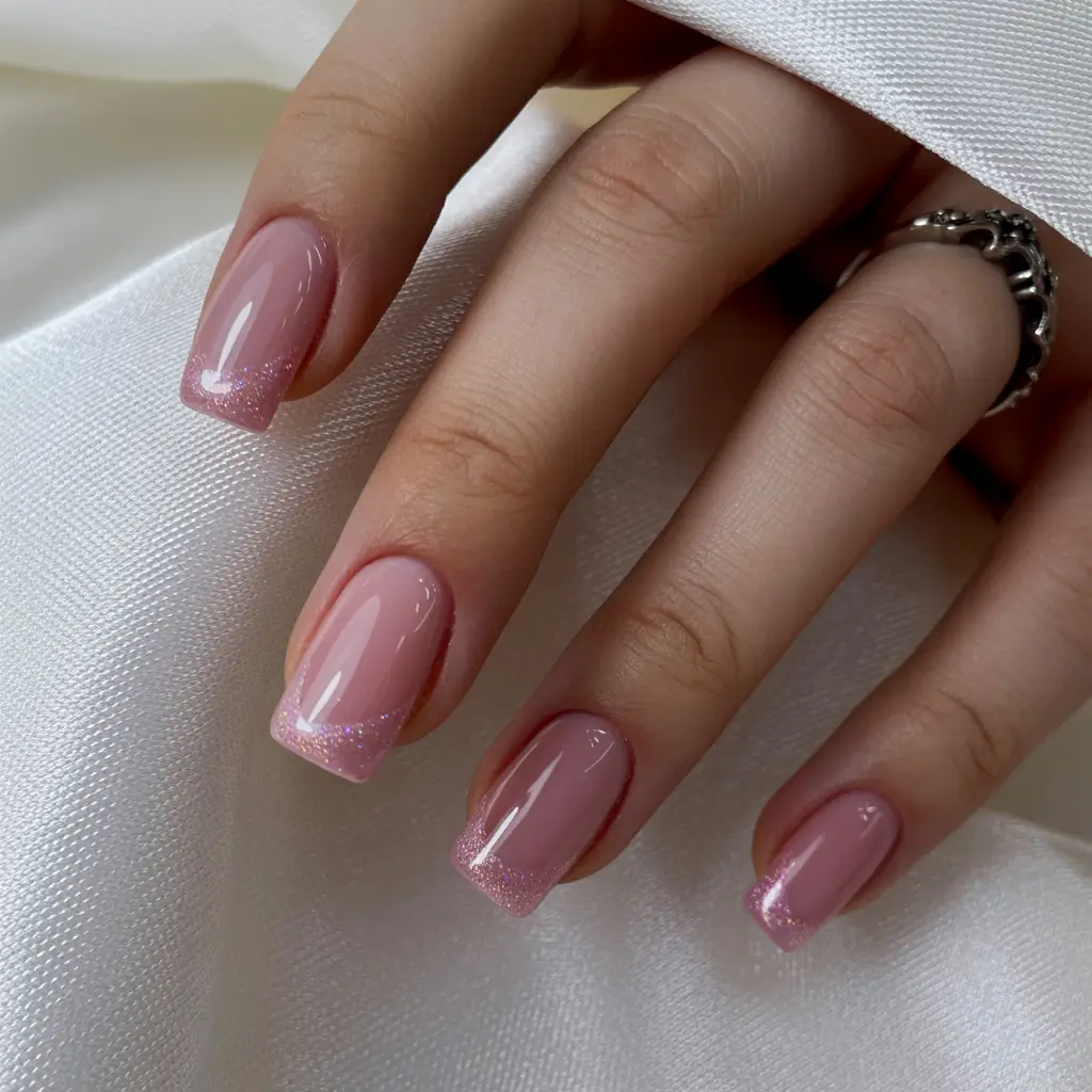 simple nails 2026 Pink Glitter Soft French Touch