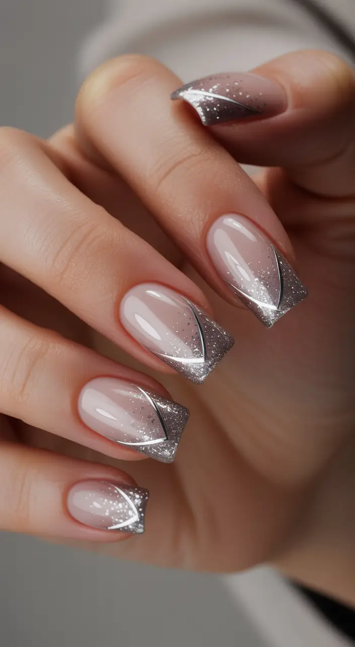 simple nails 2026 Silver Angled Modern French