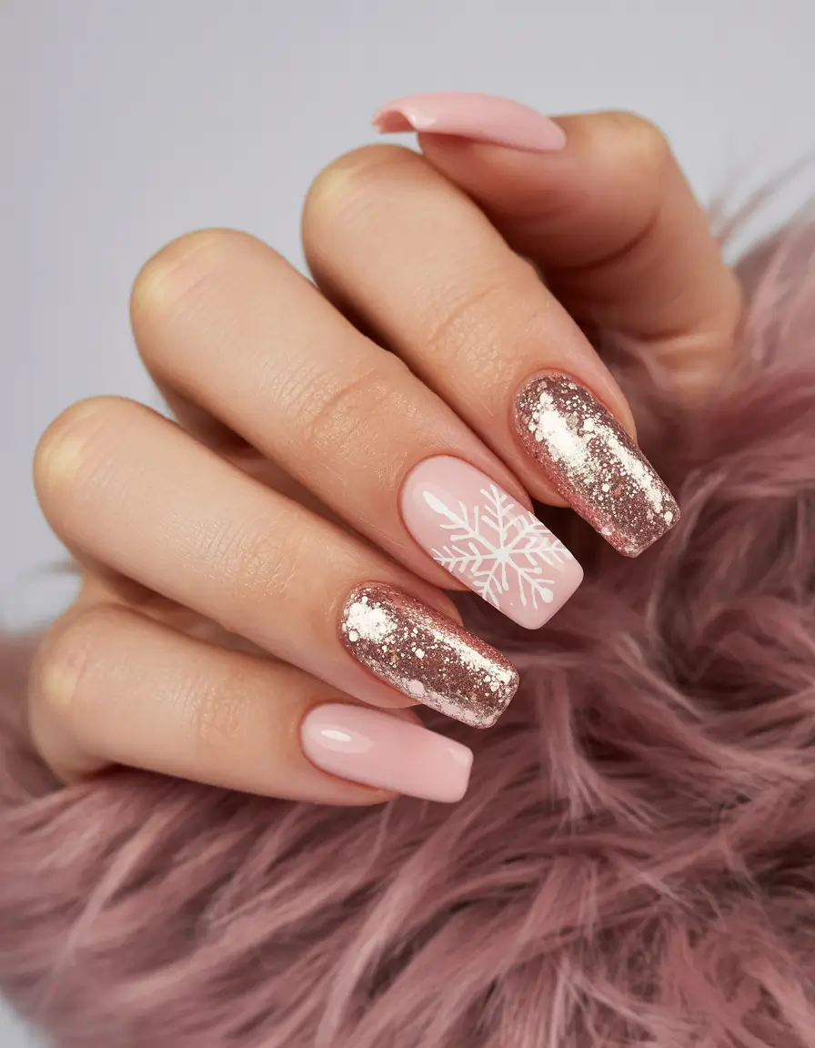 simple nails 2026 Pink Snowflake and Rose Glitter Mix
