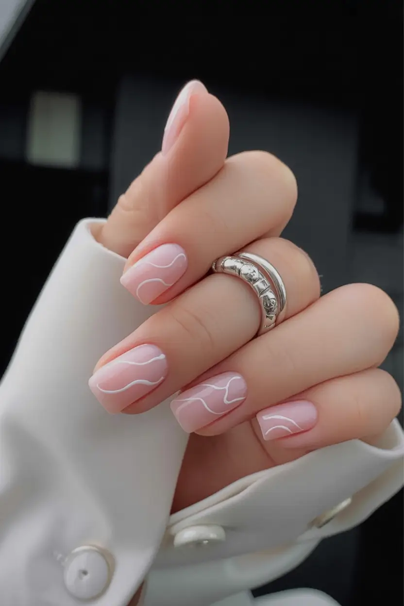 simple nails 2026 Misty Pink with White Minimal Lines