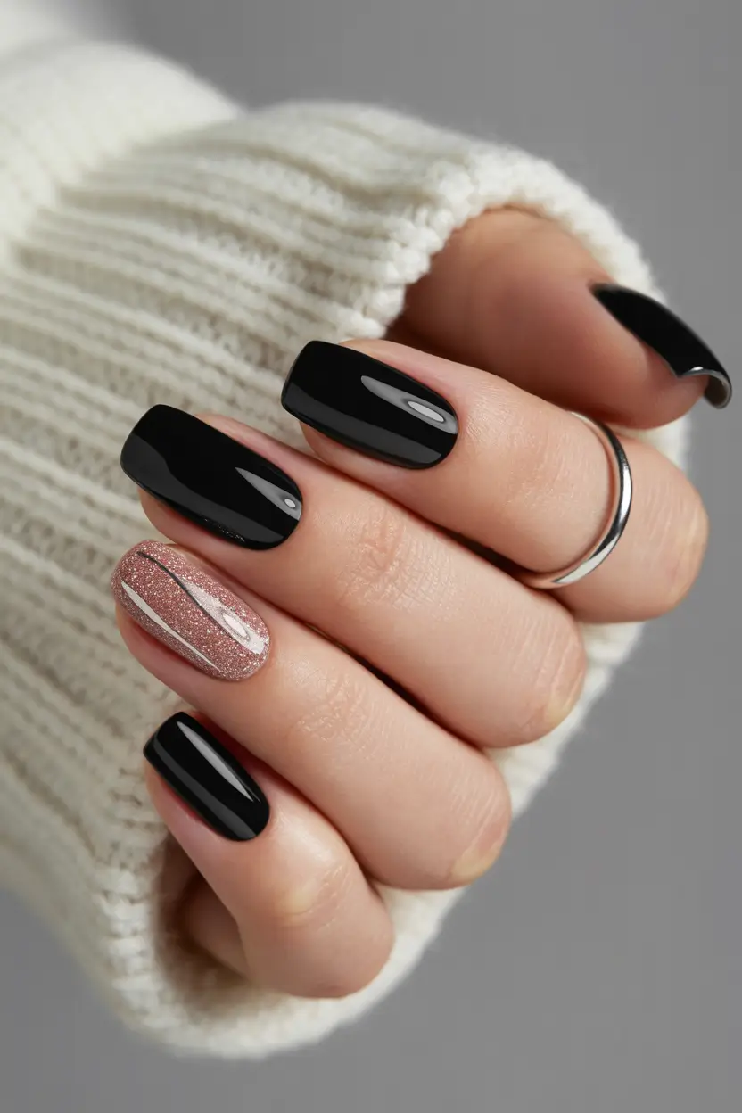 simple nails 2026 Black & Champagne Contrast Chic