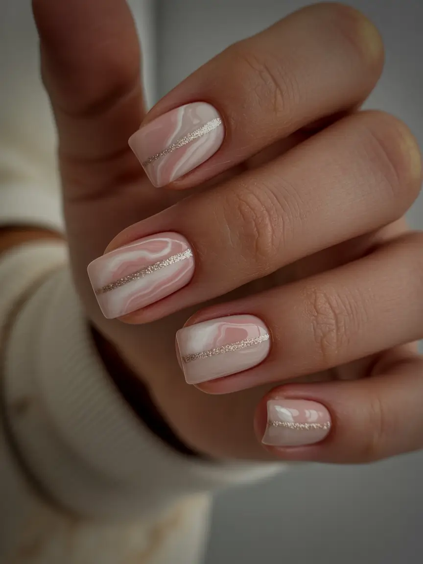 square nails 2026 Soft Marble Neutrals With a Whisper of Metallic