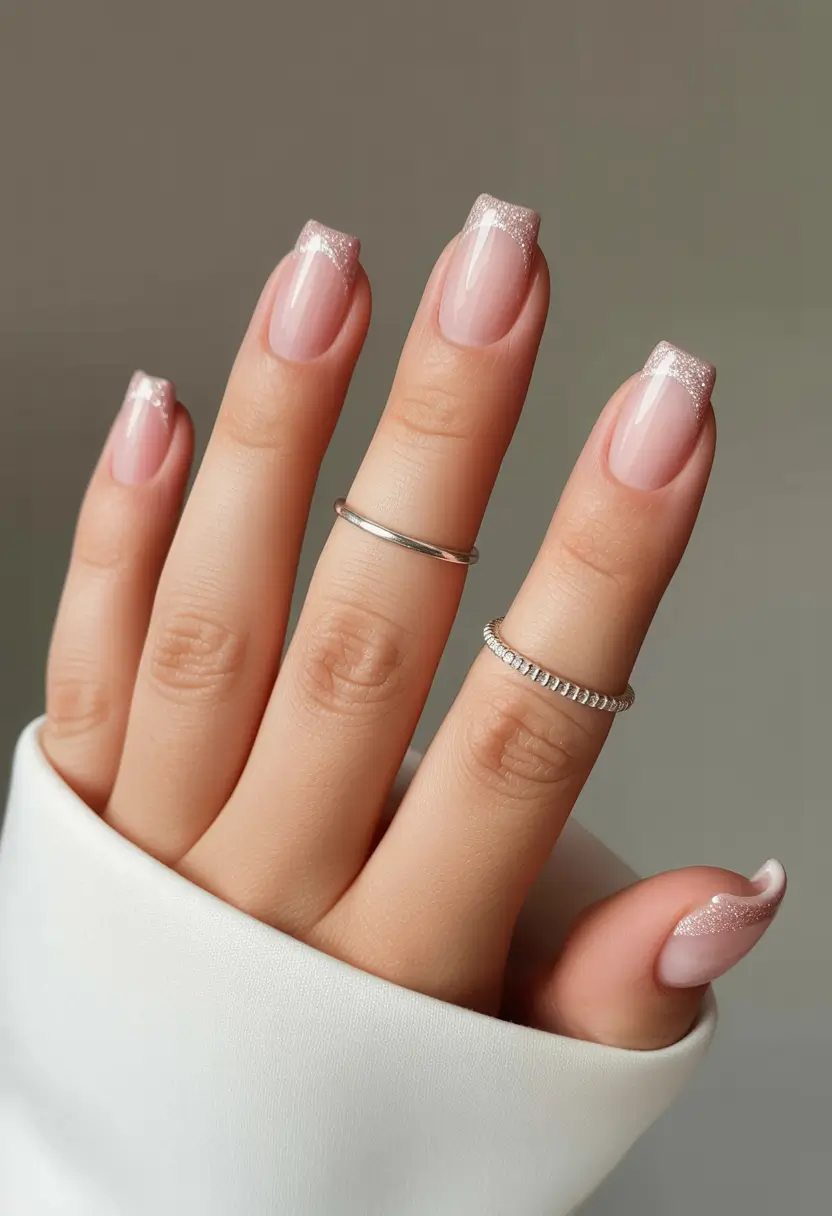 square nails 2026 Soft Pink French with Frosted Glitter Tips