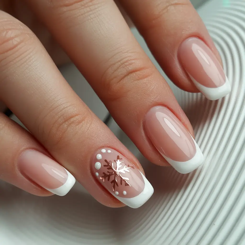 square nails 2026 Classic French with Copper Snowflake Accent