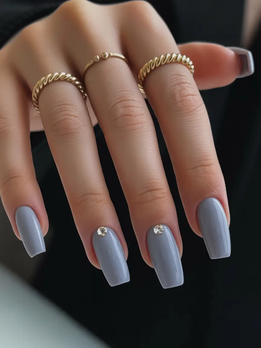square nails 2026 Soft Grey Elegance with Crystal Details