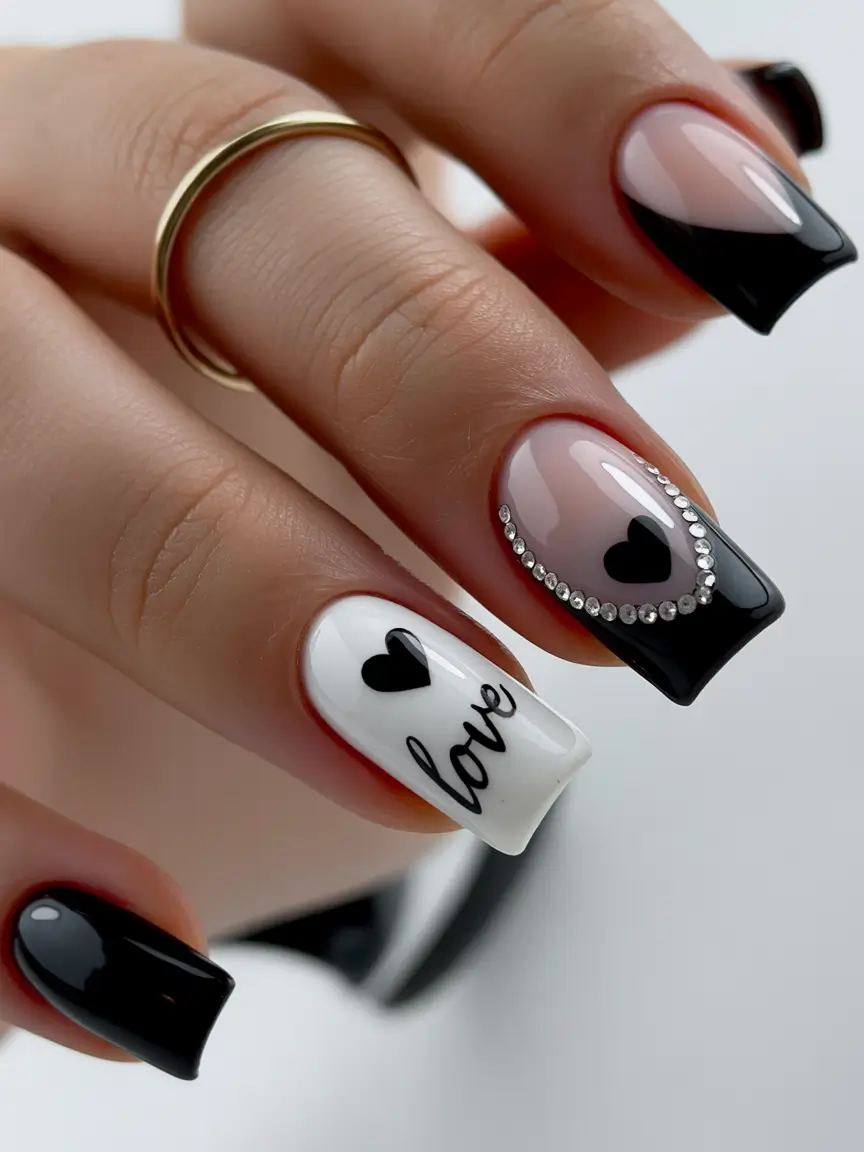 square nails 2026 Black Love Accents with Glossy Square Tips