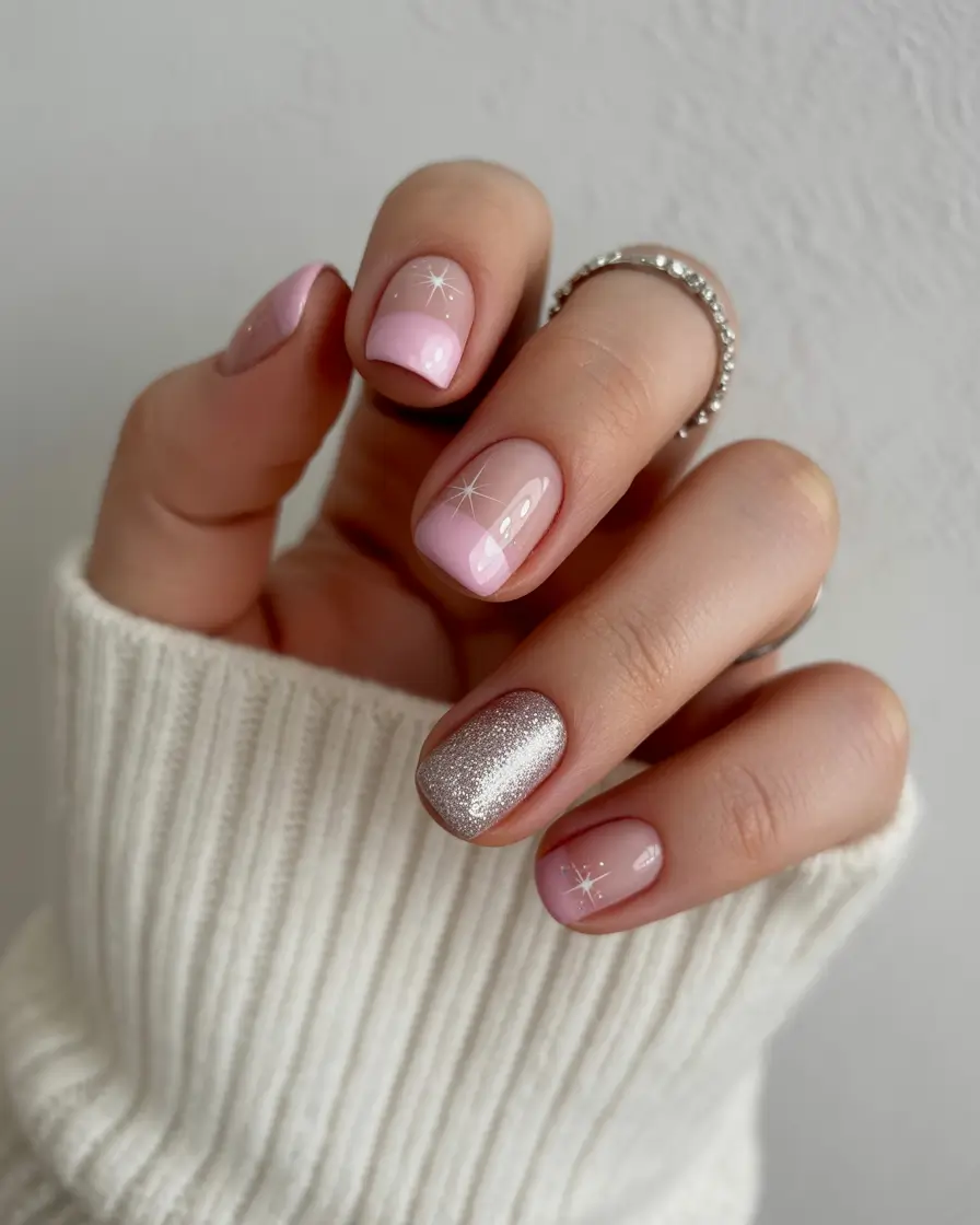 square nails 2026 Pink Frost Sparkle with Soft French Edges