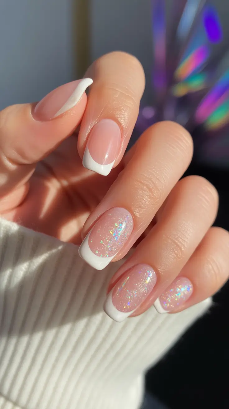 square nails 2026 Classic White French With Iridescent Pop