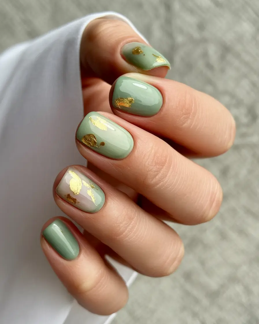 square nails 2026 Moss Green With Gold Leaf Accents