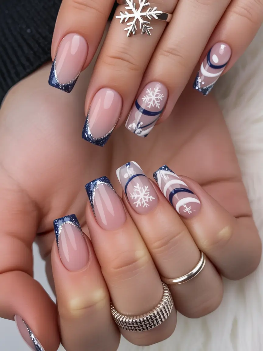 square nails 2026 Winter Navy Accents with Soft Snowflake Art