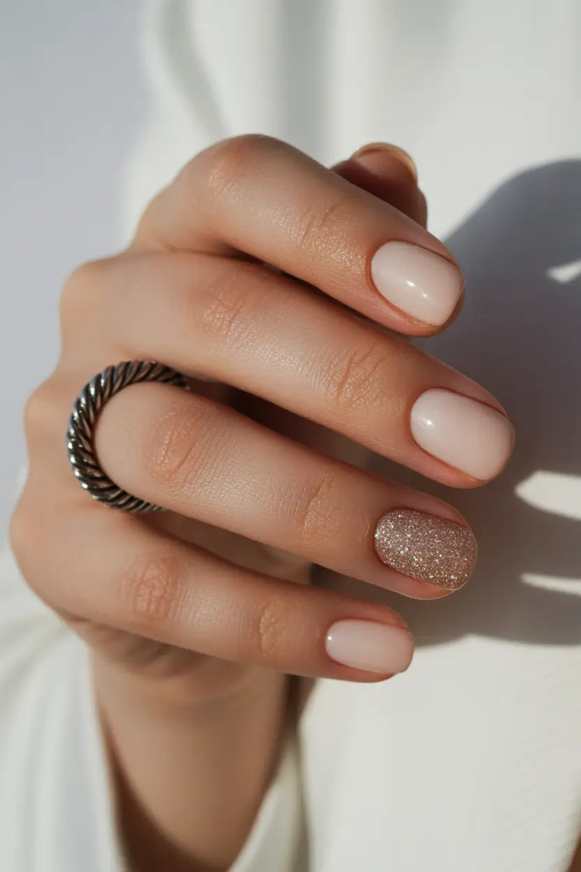 square nails 2026 Minimal Nude Glow with a Sparkle Accent