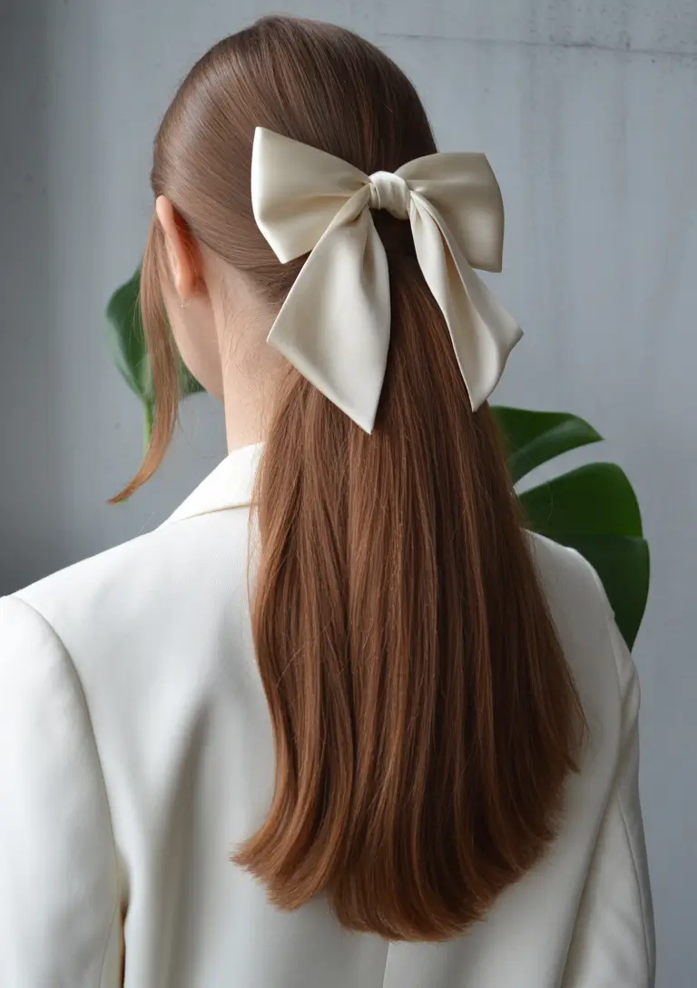 straight hairstyles Soft Straight Pony with Oversized Satin Bow