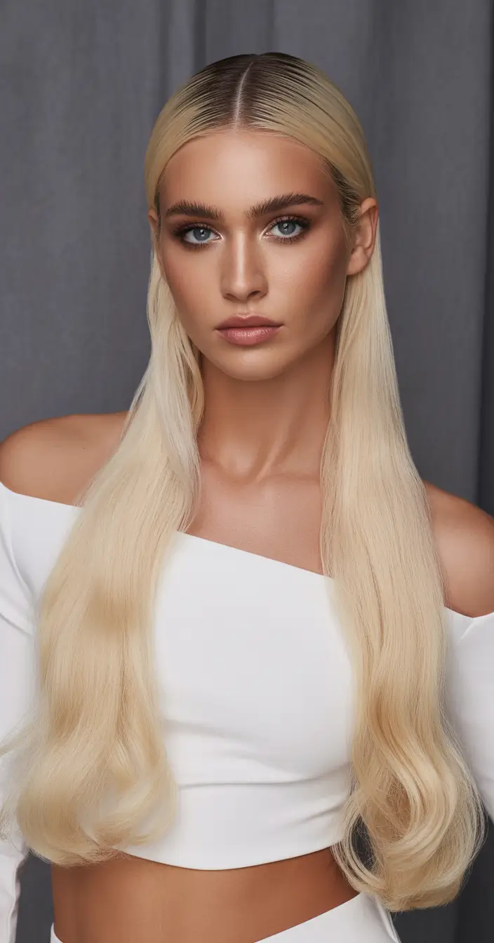 straight hairstyles Ultra Sleek Platinum with Gentle Wave Finish