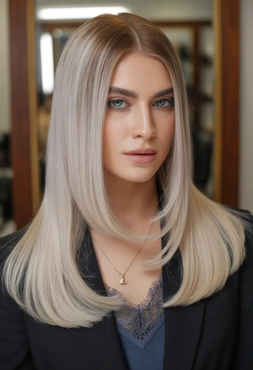 straight hairstyles Layered Silver Blonde with Minimal Face Framing