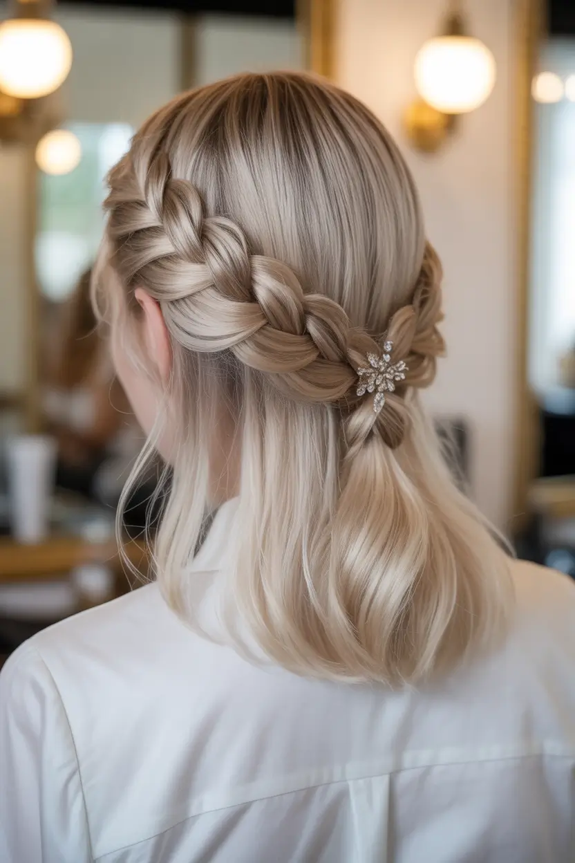 straight hairstyles Braided Half Up Elegance with Soft Straight Lengths