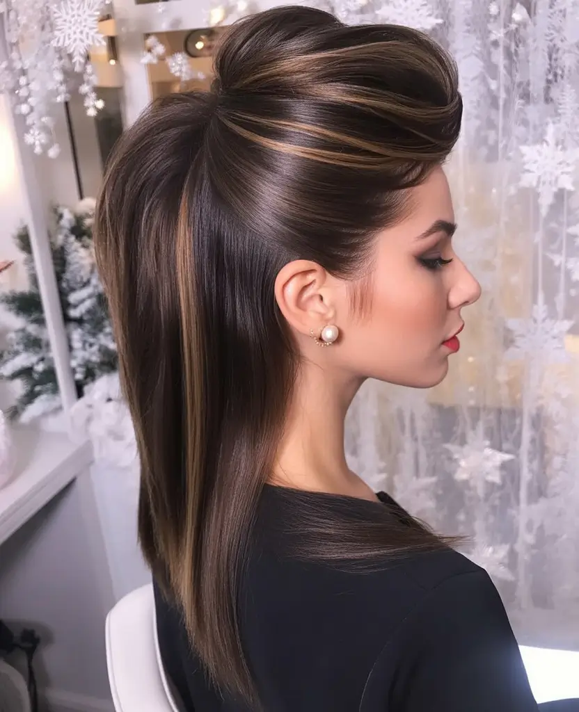 straight hairstyles Glossy Brunette Half Up with Sculpted Volume
