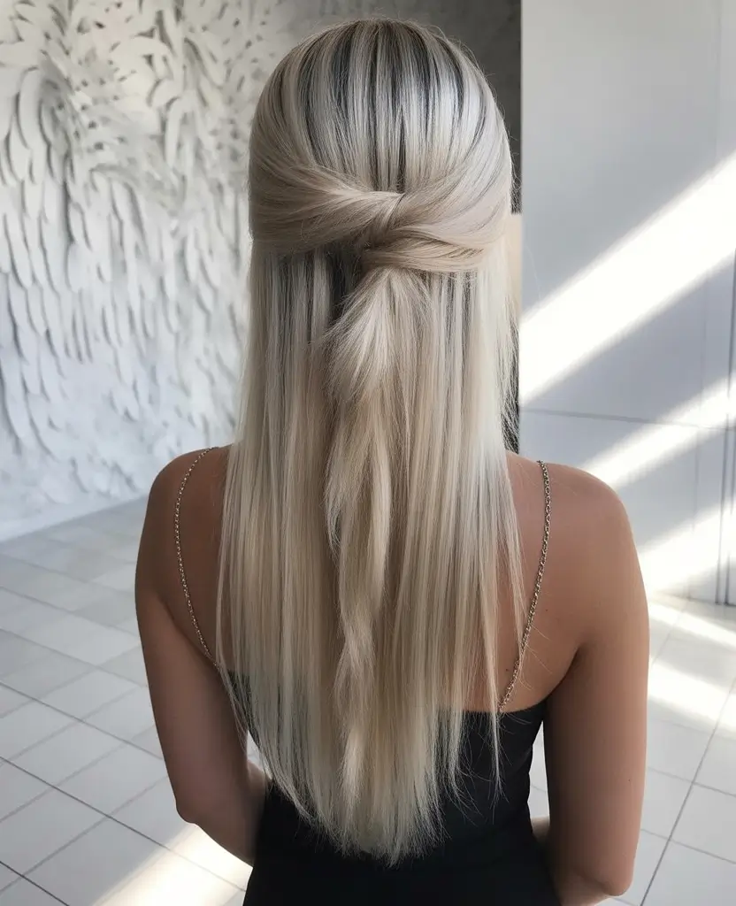 straight hairstyles Blonde Half Up Half Twist with Smooth Length