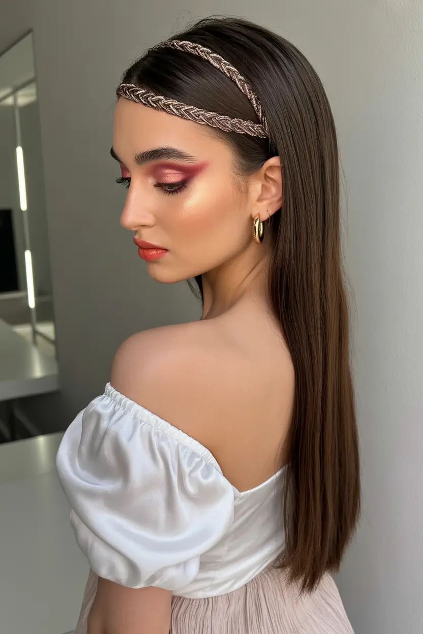 straight hairstyles Sleek Brunette with Braided Headband Detail