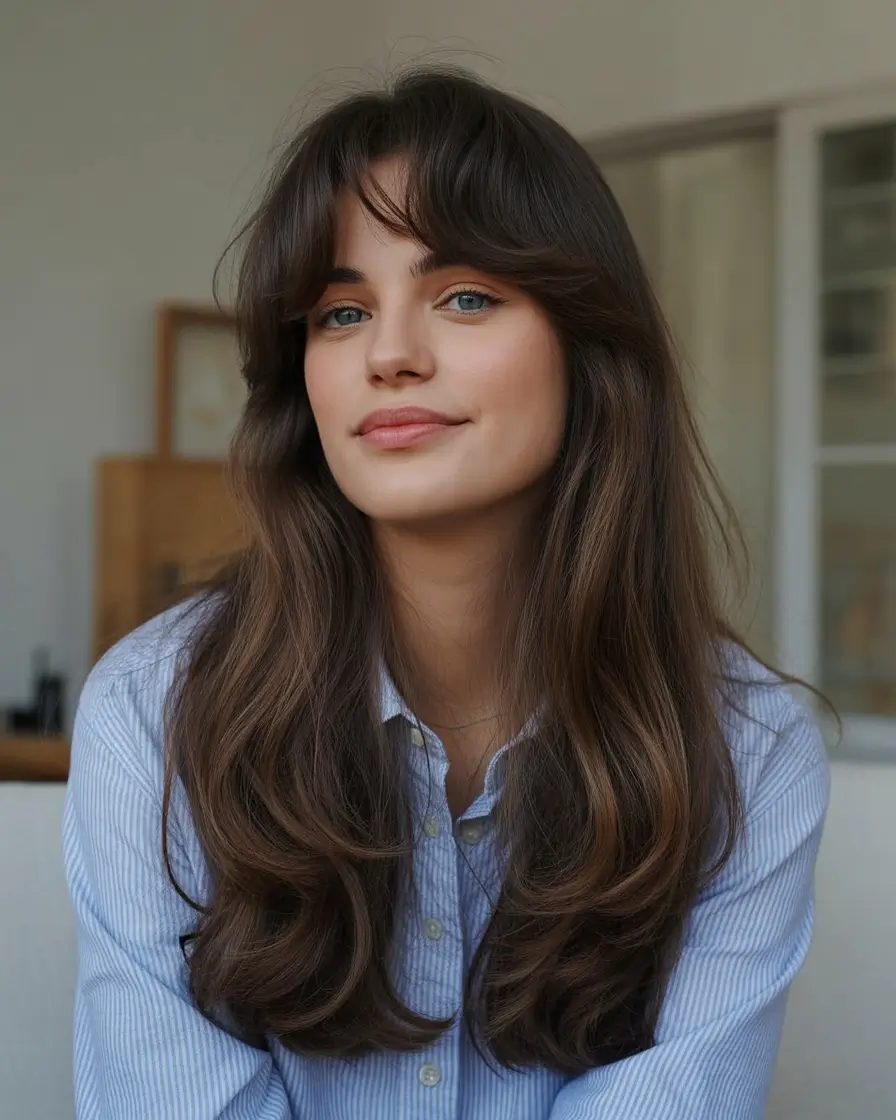straight hairstyles Long Brunette Layers with Soft Curtain Bangs