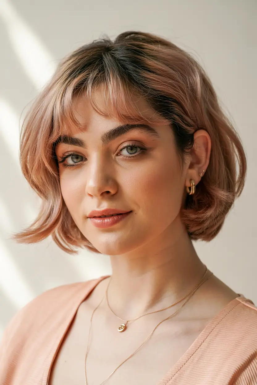 trendy haircuts 2026 Soft Blush Bob with Whisper Bangs