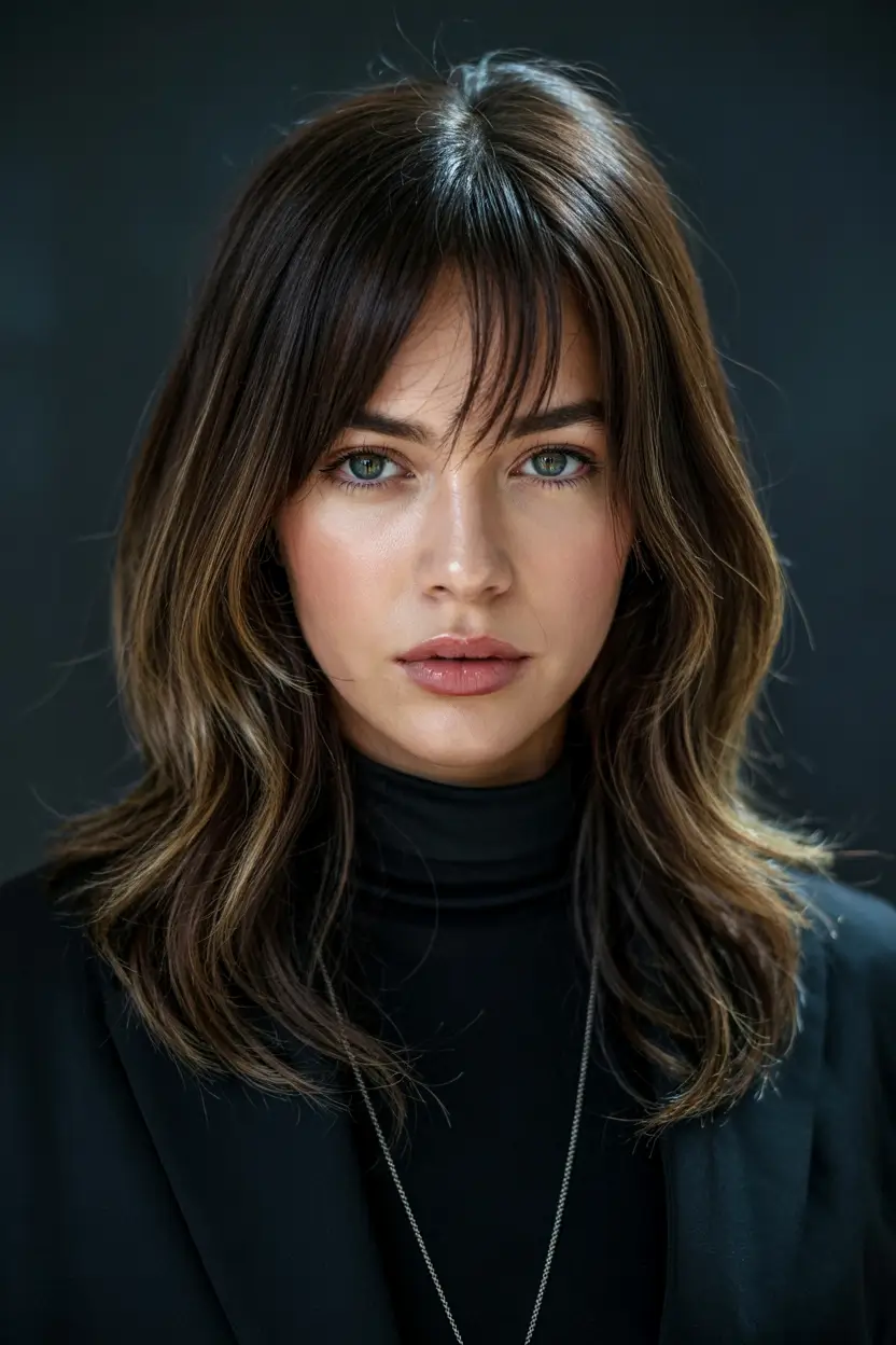 trendy haircuts 2026 Soft Brunette Curtain Layers