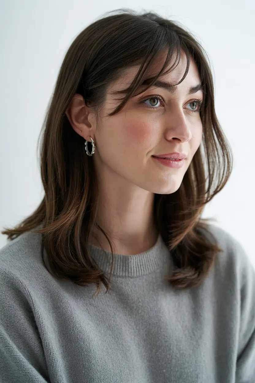 trendy haircuts 2026 Soft Chocolate Layers with Airy Bangs