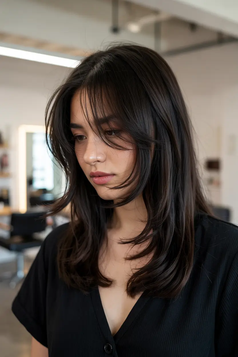 trendy haircuts 2026 Feathered Midnight Layers