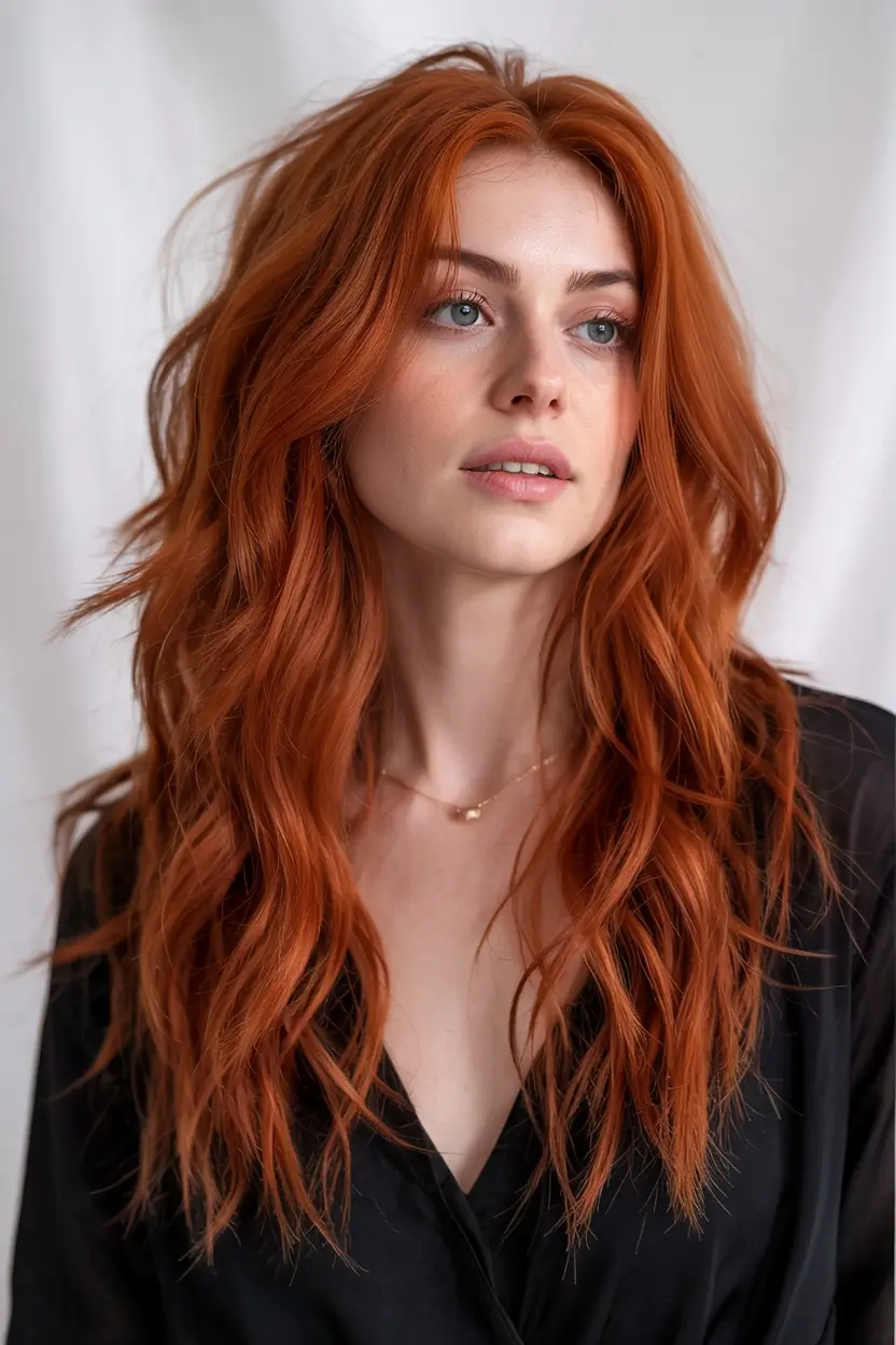 trendy haircuts 2026 Radiant Copper Waves with Face-Framing Layers