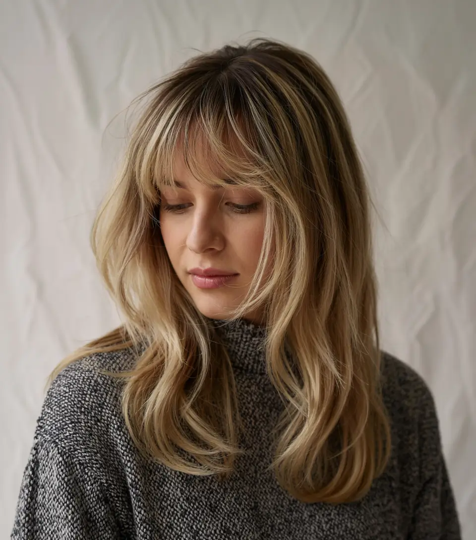 trendy haircuts 2026 Butter Blonde Mid-Length with Soft Fringe