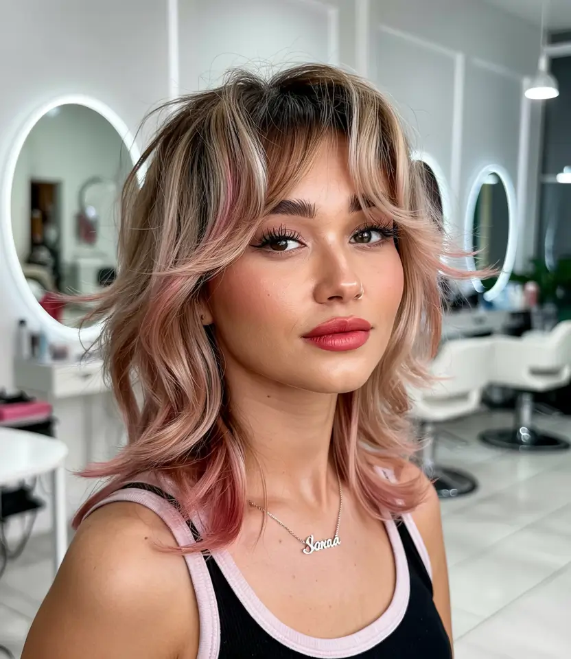 trendy haircuts 2026 Rosy Balayage Butterfly Layers