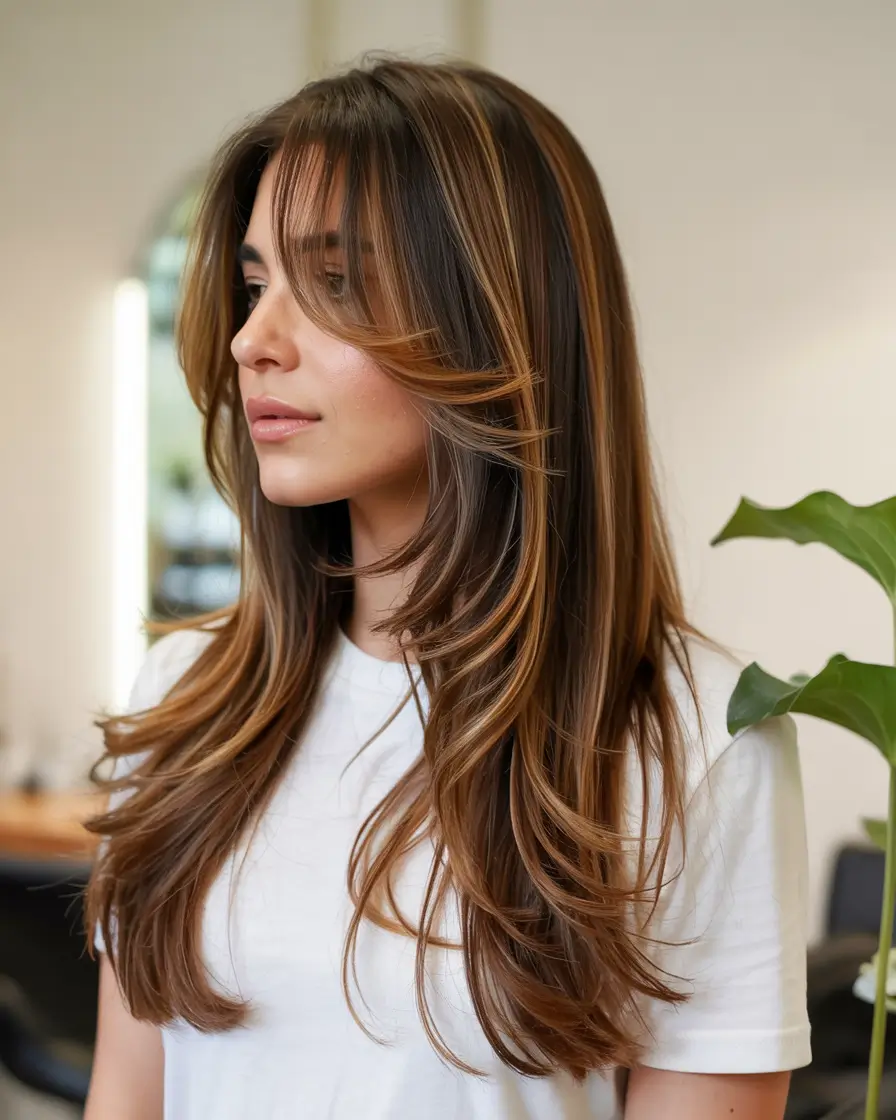 trendy haircuts 2026 Glossy Layered Length with Caramel Strands