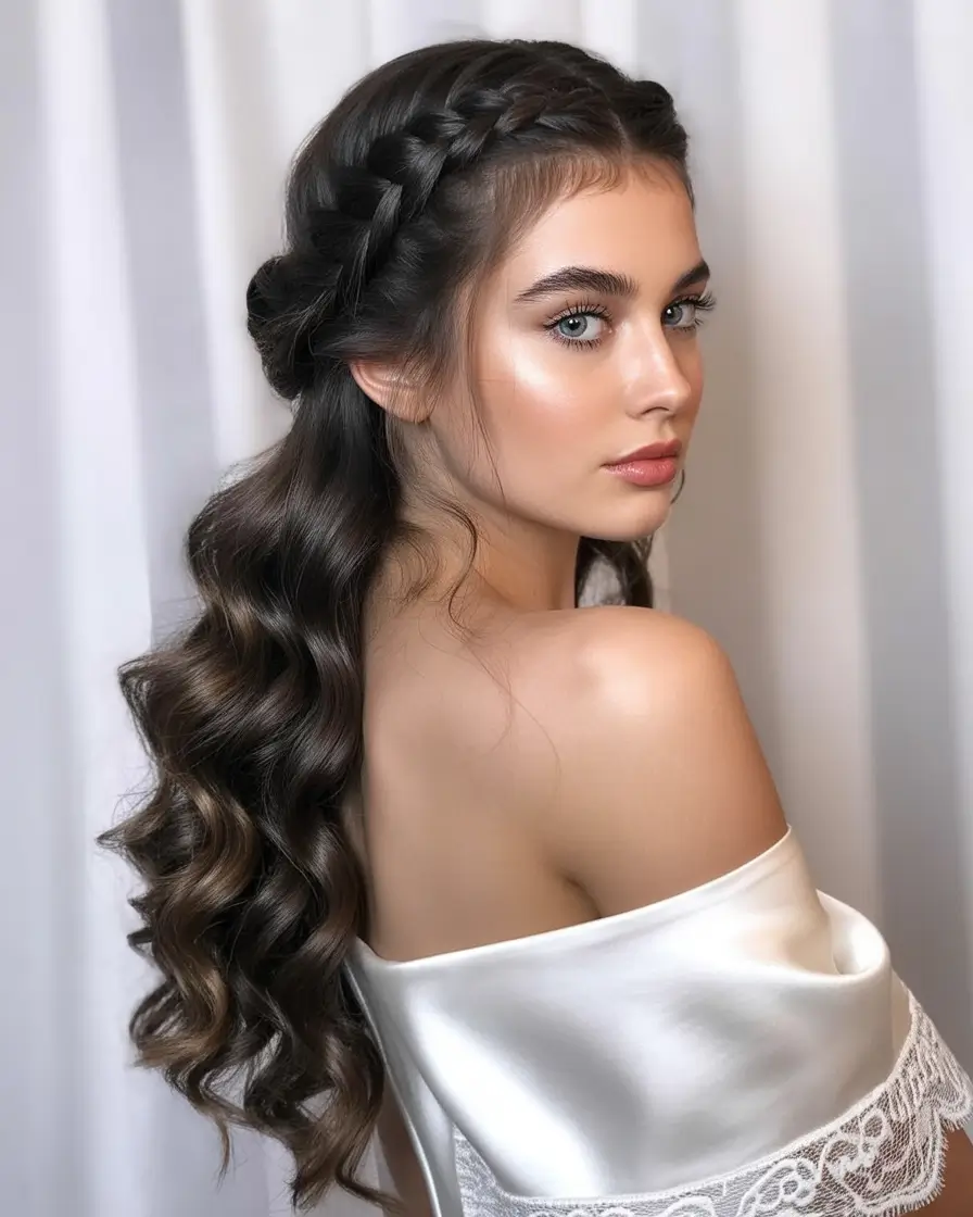 wedding hairstyles 2026 Romantic Crown Braid With Flowing Waves