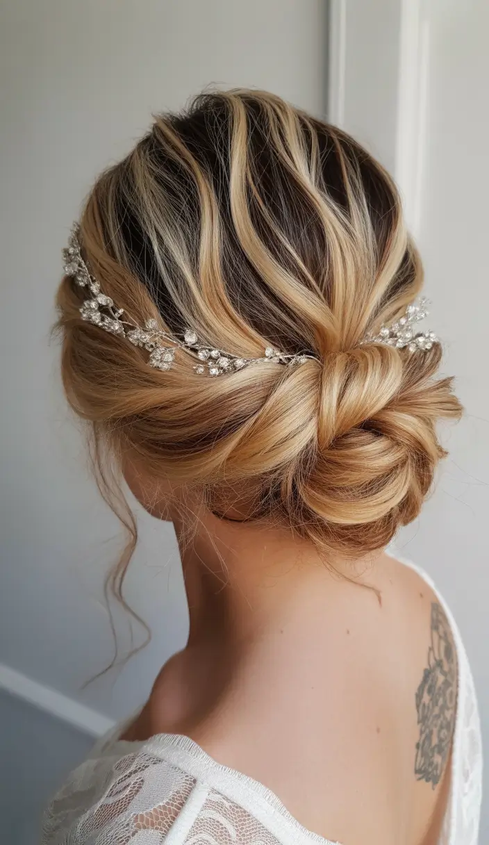 wedding hairstyles 2026 Twisted Low Bun With Crystal Garland Detail
