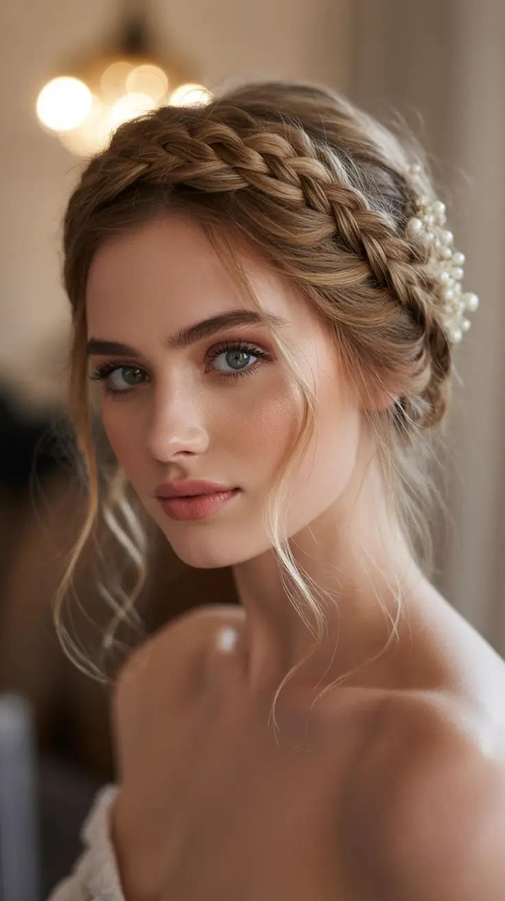 wedding hairstyles 2026 Romantic Crown Braid With Pearl Touches