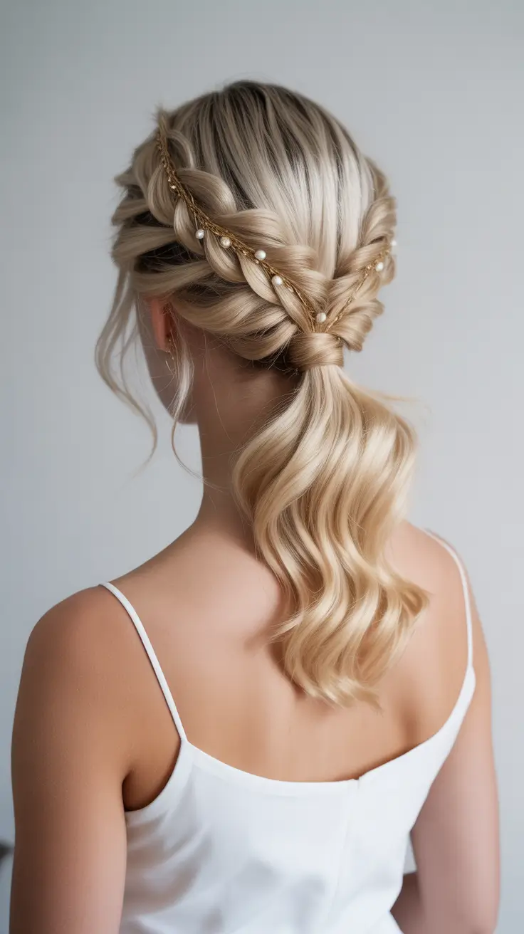 wedding hairstyles 2026 Braided Half Ponytail With Golden Detail