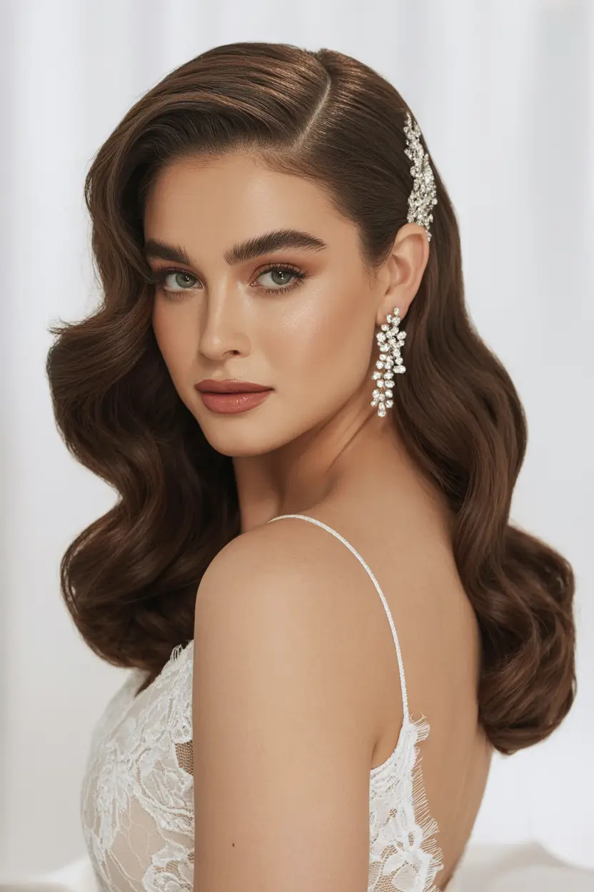 wedding hairstyles 2026 Deep Side Part Waves With Crystal Accent