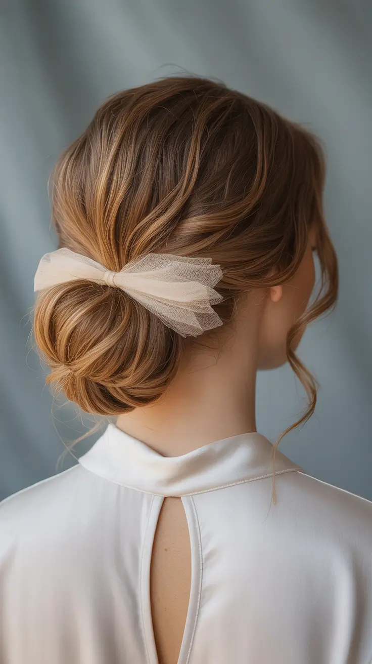 wedding hairstyles 2026 Soft Low Bun With Sheer Ribbon Detail