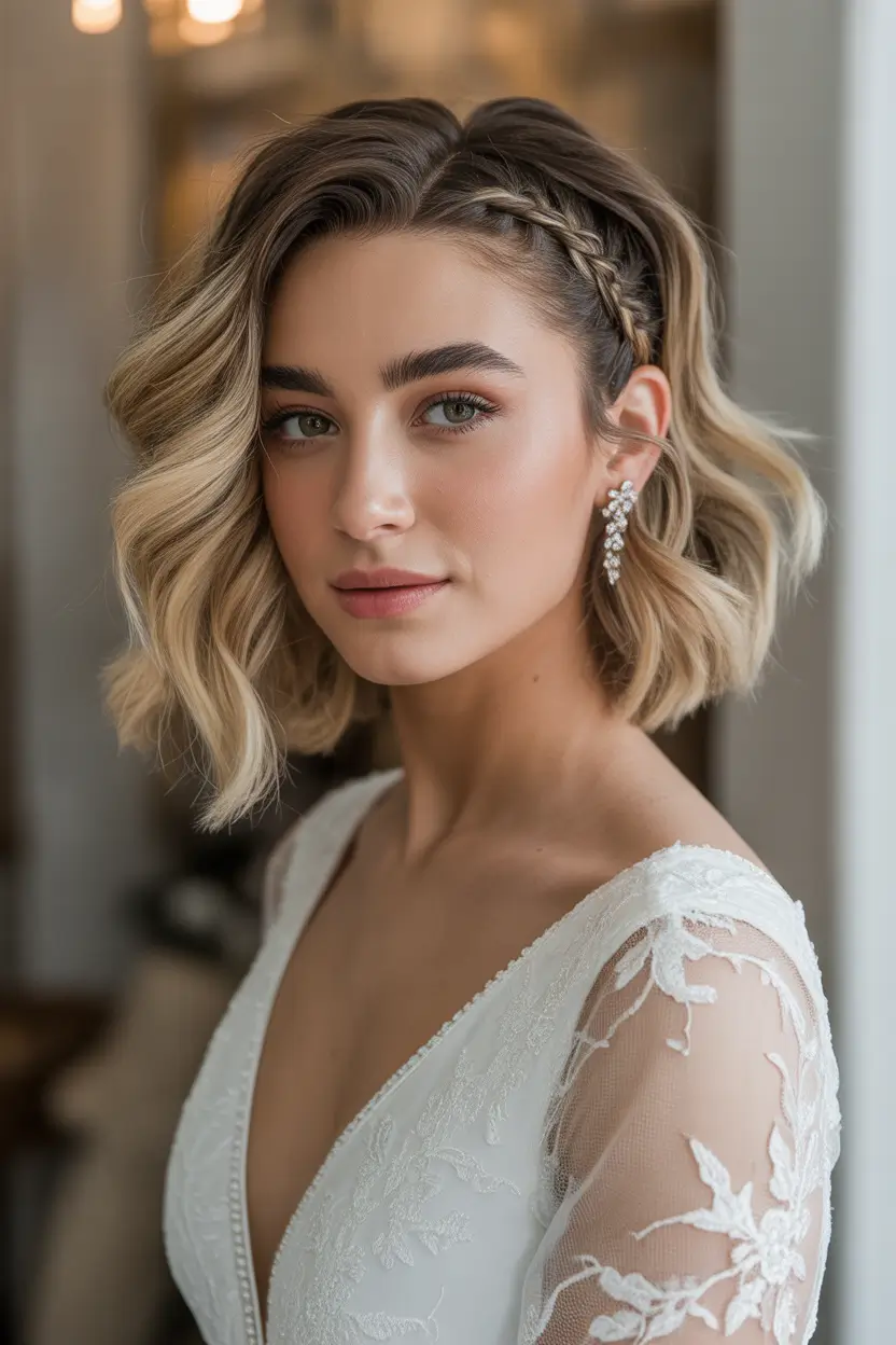 wedding hairstyles 2026 Soft Wavy Bob With Side Braid Detail
