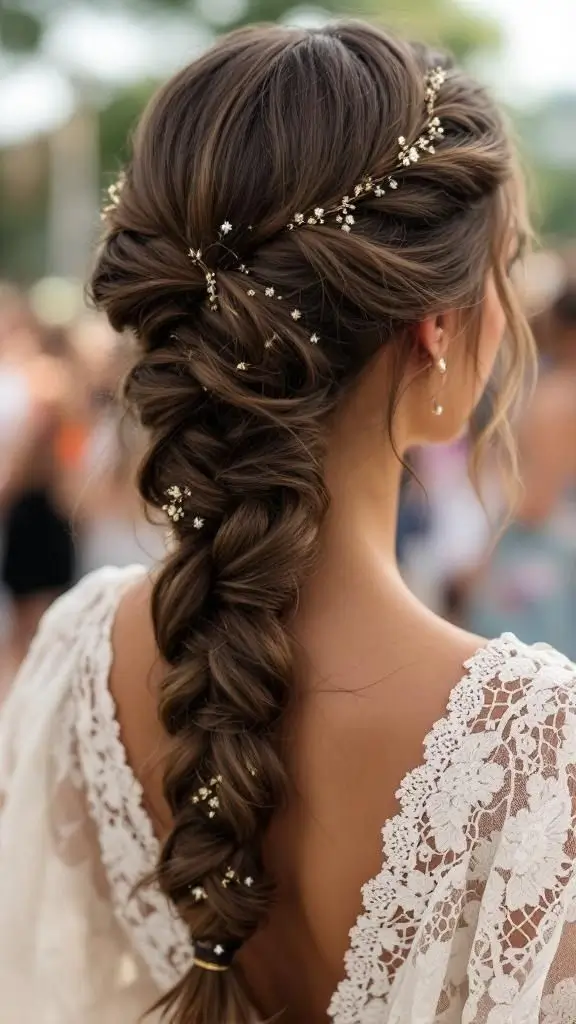 wedding hairstyles 2026 Voluminous Braided Cascade With Golden Blossoms