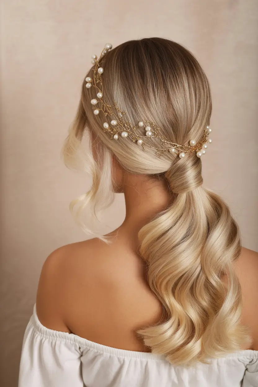 wedding hairstyles 2026 Wrapped Low Ponytail With Pearl Accents