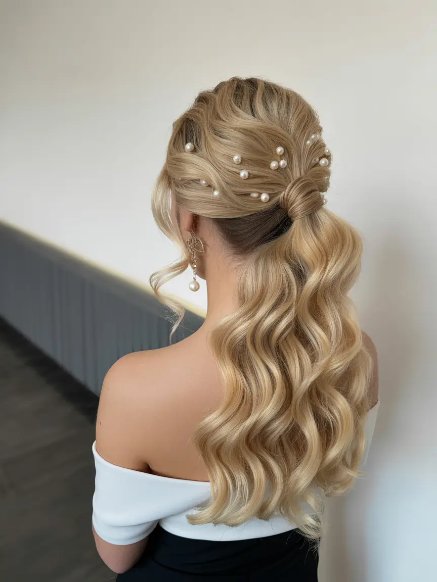 wedding hairstyles 2026 Pearl Studded Mid Ponytail With Flowing Waves