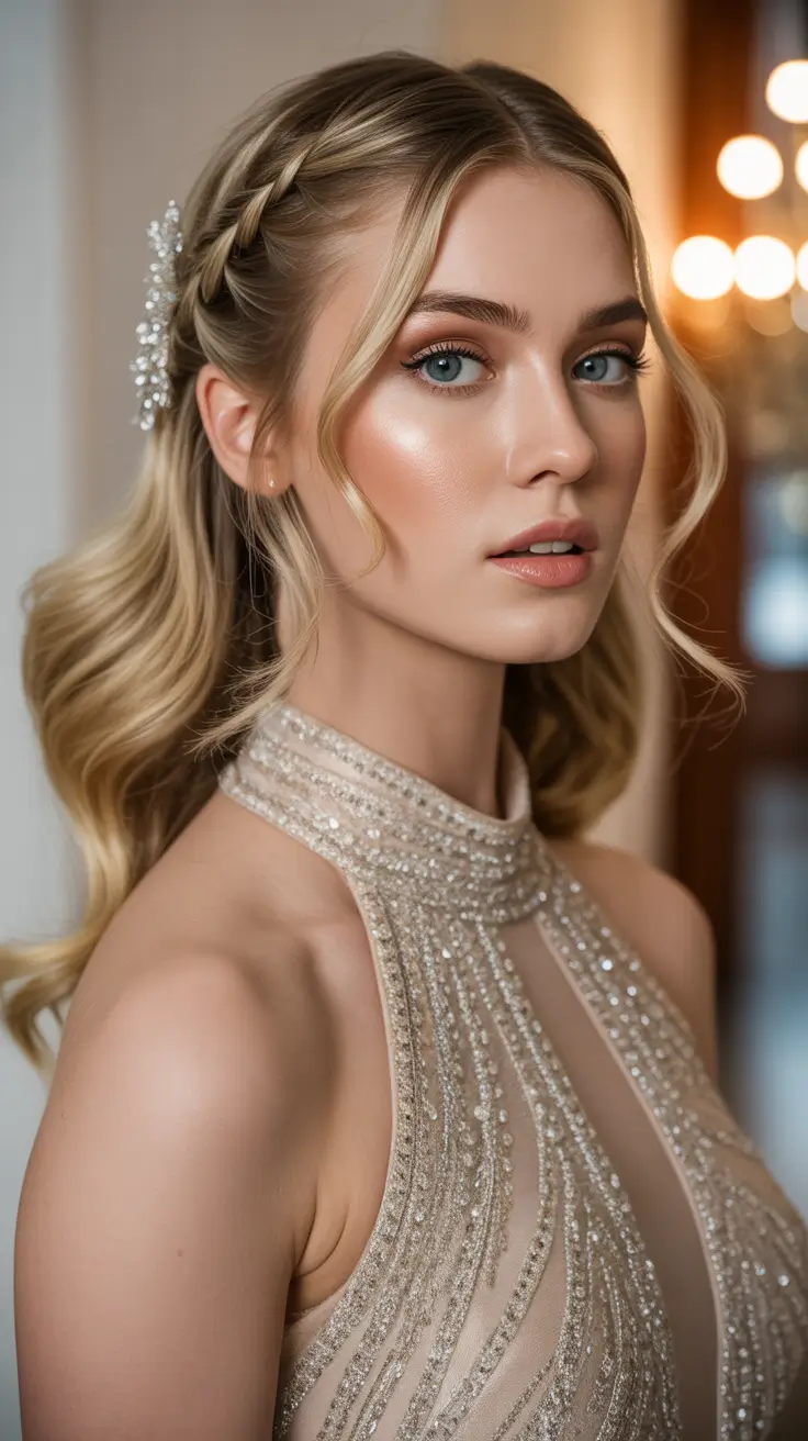 wedding hairstyles 2026 Side Braided Waves With Crystal Accent