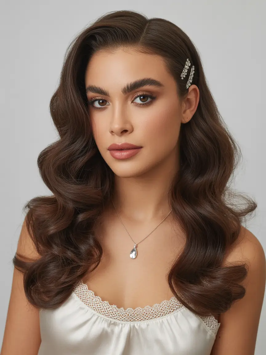 wedding hairstyles 2026 Glossy Side Part Waves With Vintage Clips