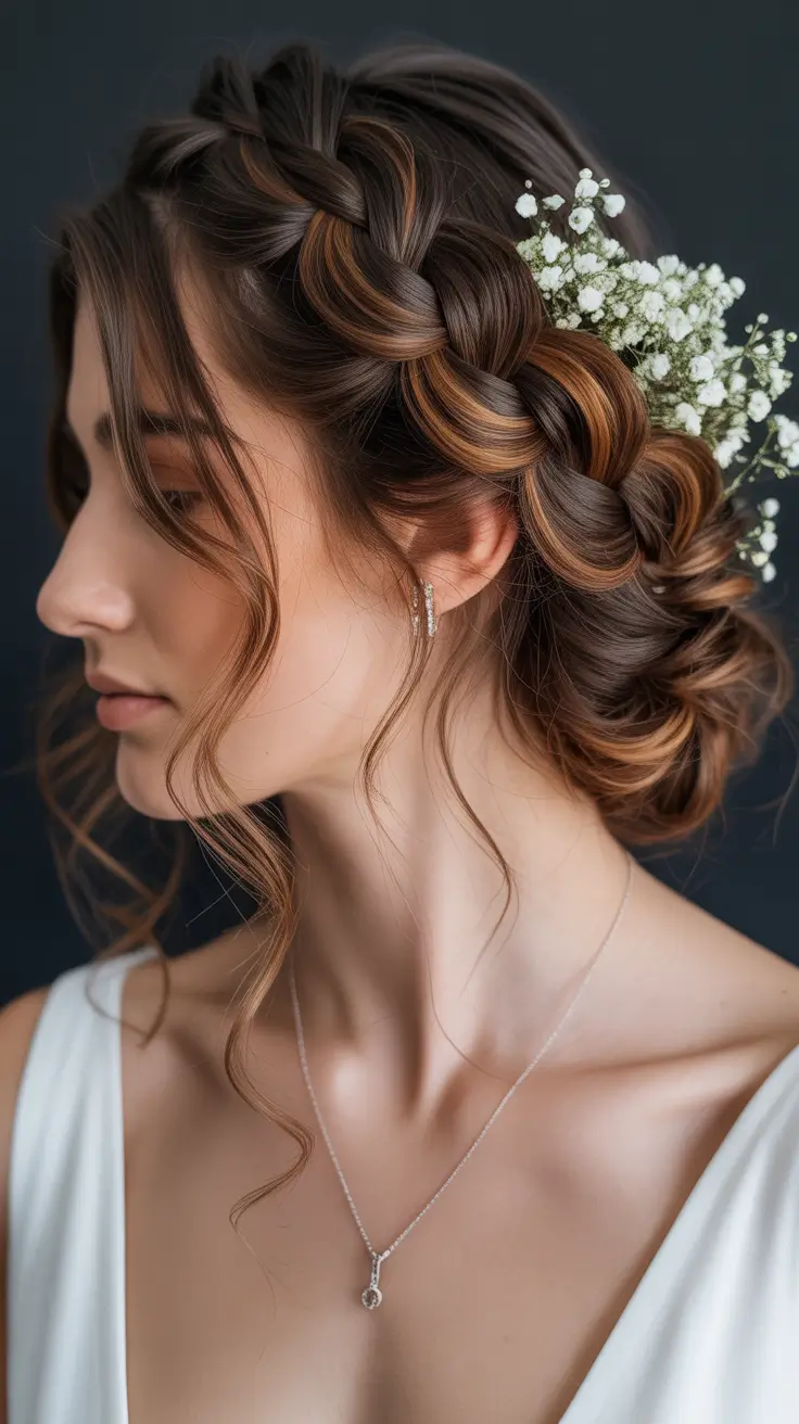 wedding hairstyles 2026 Textured Braided Updo With Baby's Breath
