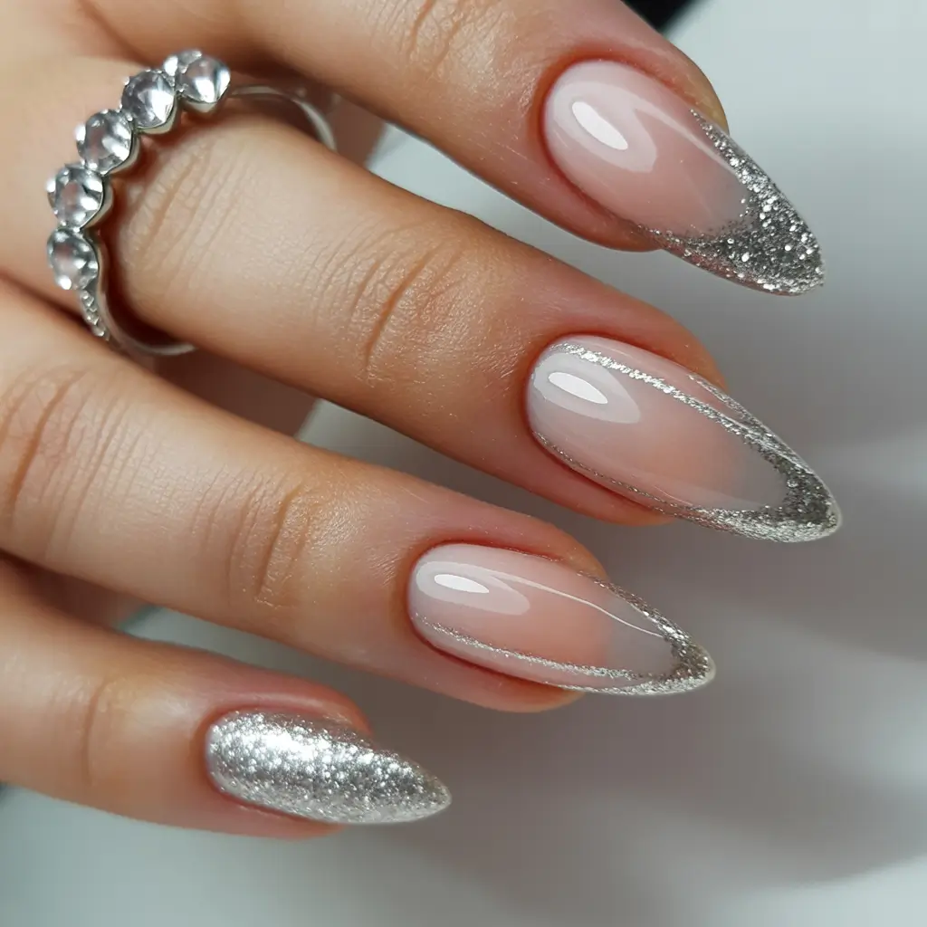 wedding nails 2026 Silver-Dusted Almond Elegance