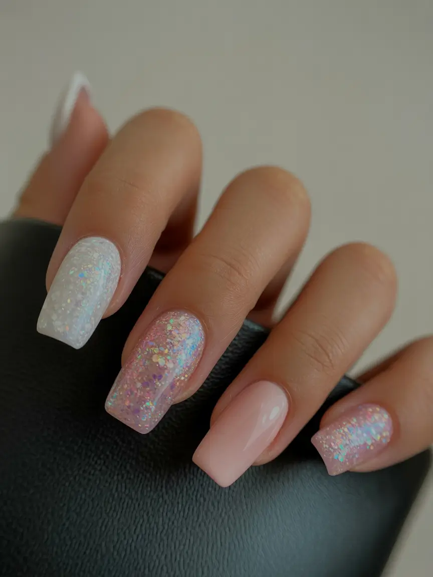 wedding nails 2026 Iridescent Sparkles with Soft Pink Balance