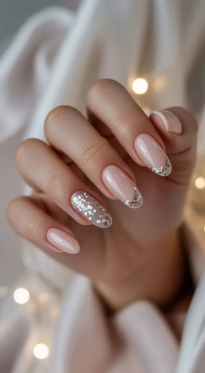 wedding nails 2026 Silver Blossom Tips on Almond Glow