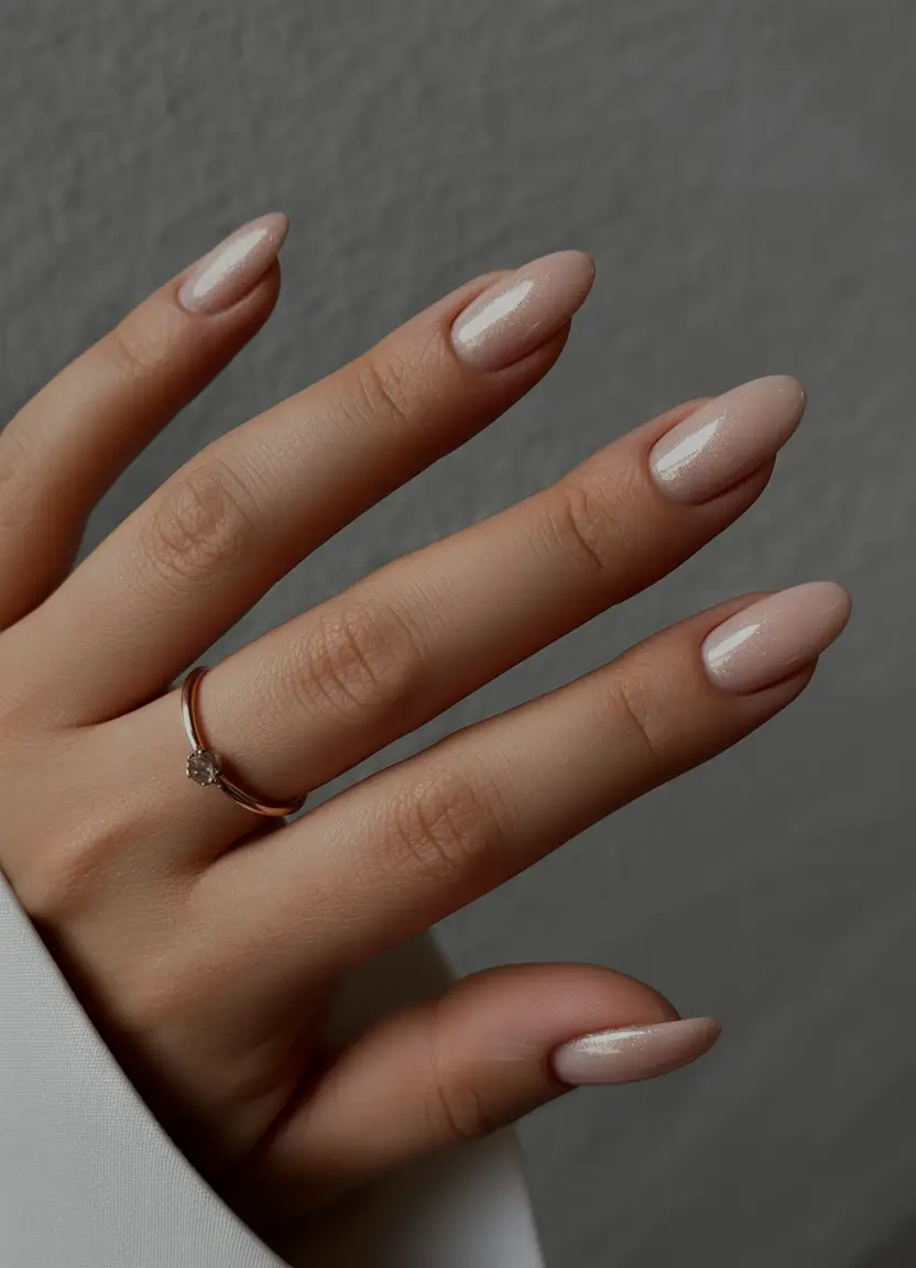 wedding nails 2026 Soft Pearl Sheen on Almond Silhouette